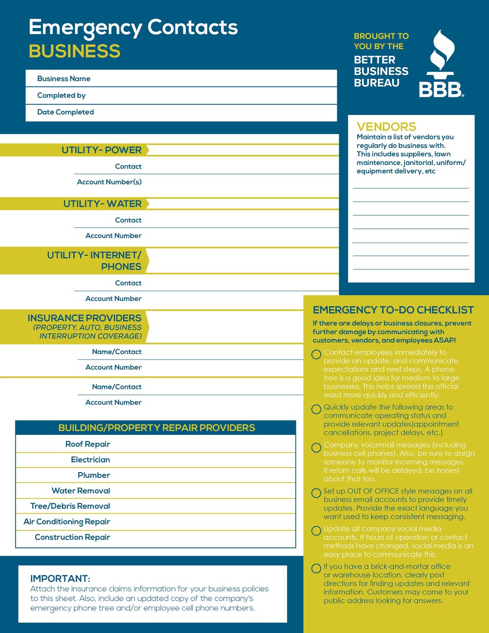 BBB emergency sheet for business owners